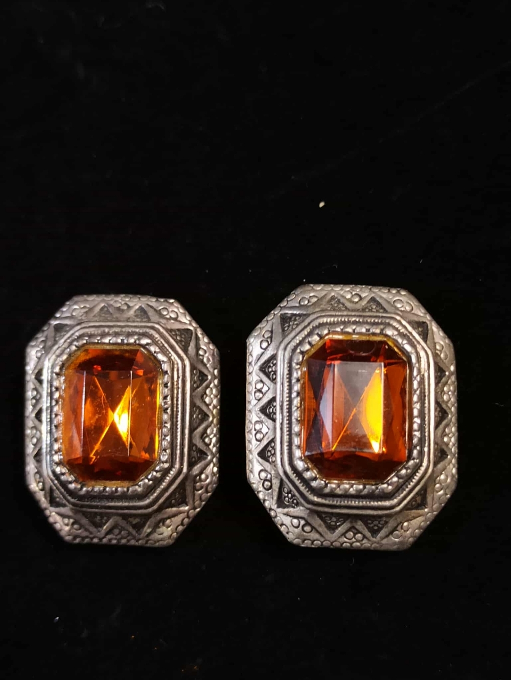 Vintage 80’s Amber Faceted Glass Statement Earrings Silver Tone Heavy Art Deco - Picture 11 of 11